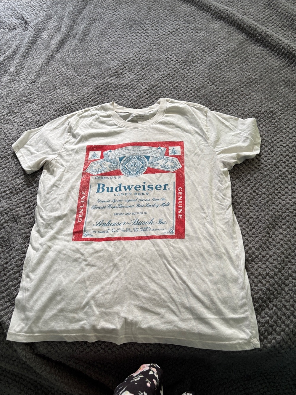 Womens size L Budweiser White Tee with Red and Blue Label Graphic